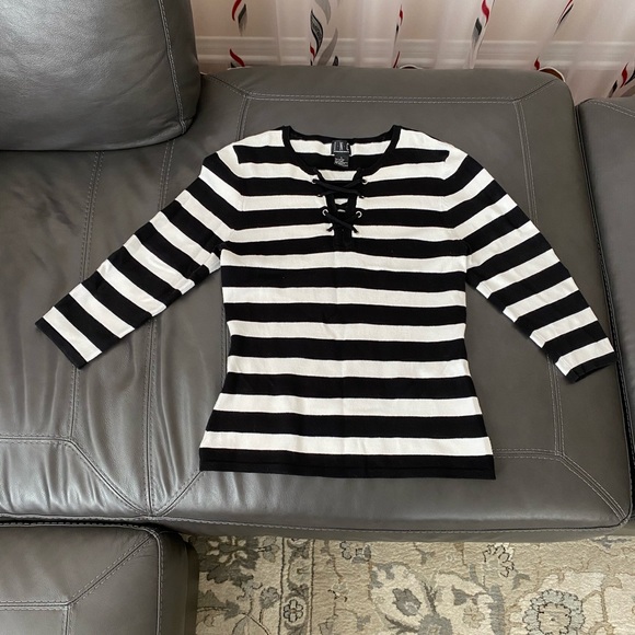 INC Women’s Stripe Split-Neck Sweater - Picture 3 of 7